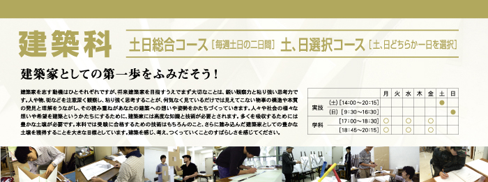 建築科　土日総合コース［毎週土日の二日間］土、日選択コース［土、日どちらか一日を選択］ 建築家としての第一歩をふみだそう！建築家を志す動機はひとそれぞれですが、将来建築家を目指すうえでまず大切なことは、鋭い観察力と粘り強い思考力です。人や物、街などを注意深く観察し、粘り強く思考することが、何気なく見ているだけでは見えてこない物事の構造や本質の発見と理解をうながし、その積み重ねがあなたの建築への想いや姿勢をかたちづくっていきます。人々や社会の様々な想いや希望を建築というかたちにするために、建築家には高度な知識と技術が必要とされます。多くを吸収するためには豊かな土壌が必要です。本科では受験に合格するための技術はもちろんのこと、さらに踏み込んだ建築家としての豊かな土壌を獲得することを大きな目標としています。建築を感じ、考え、つくっていくことのすばらしさを感じてください。