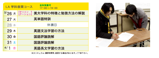 2012年度　春期講習会　学科夜間コース　カリキュラム