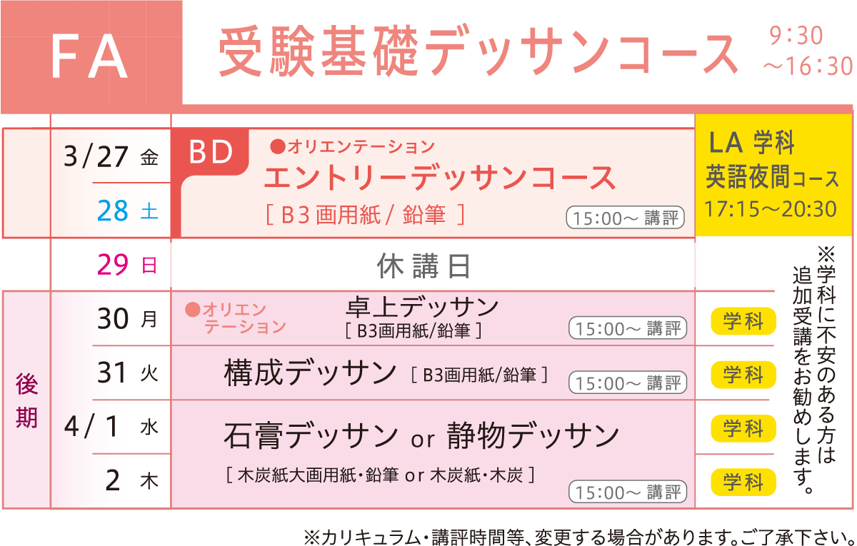 受験デッサンコースカリキュラム